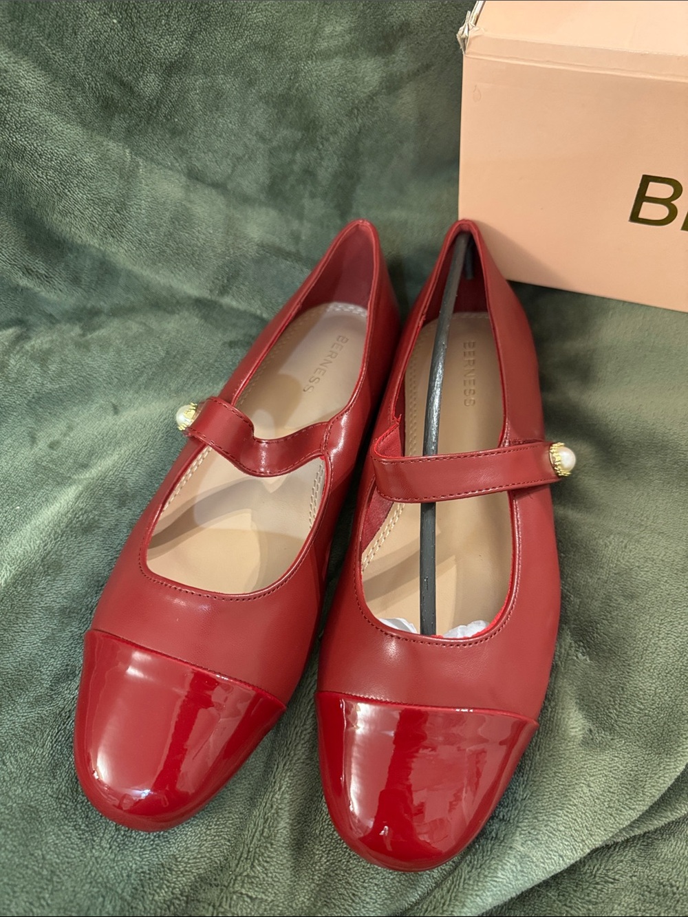 Berness Red Mary Jane Flats with Pearl Button